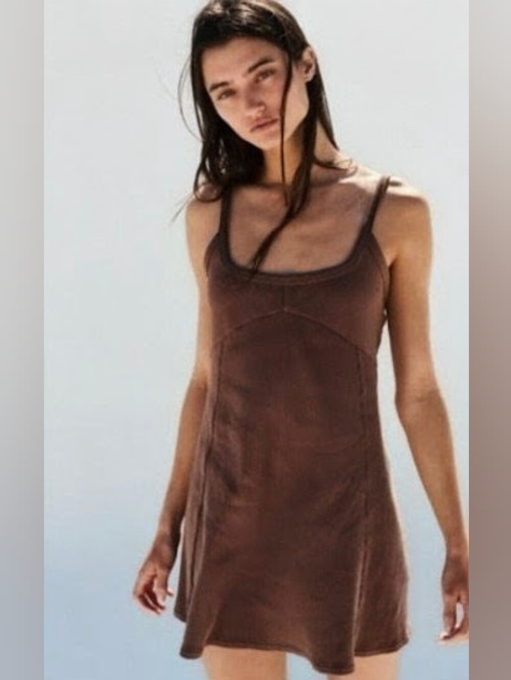 Free People Beach Brown Ribbed Tie-Strap Tank Top Mini Dress Bikini Coverup